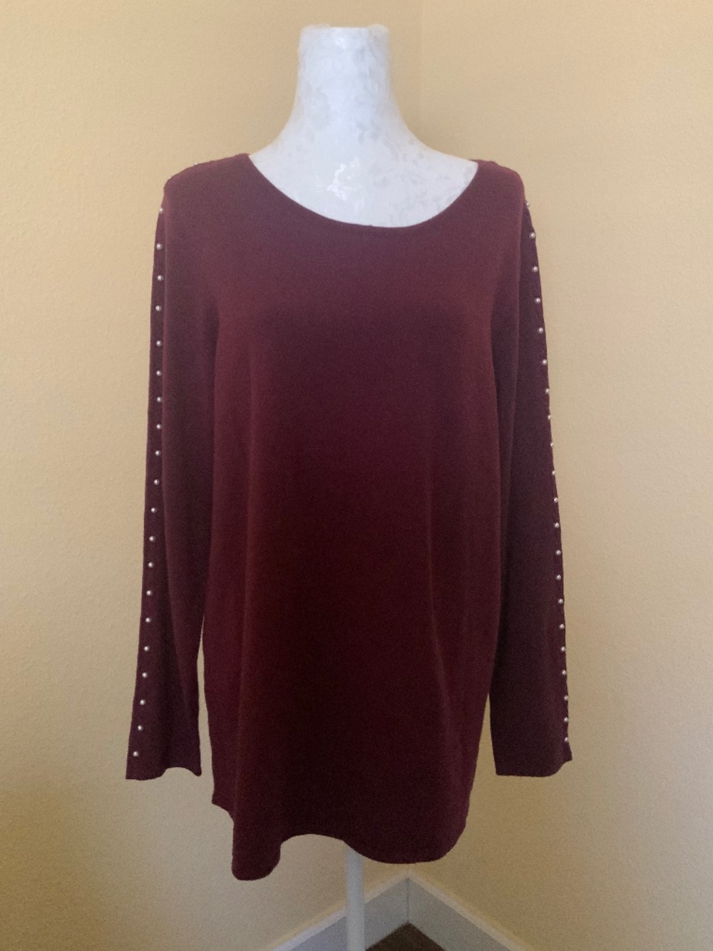 Sundance Maroon Sweater with Pearls down both sleeves     Fall/Feminine